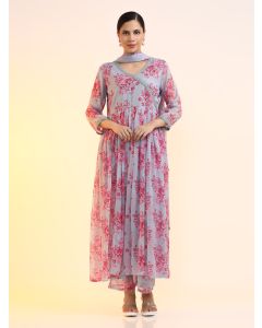 Embroidered Poly Chiffon Floral Kurta Sets With Dupatta-2576 Grey