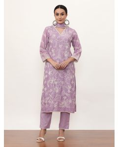 Embroidered Pure Cotton Floral Kurta Sets With Dupatta-2584 lavender