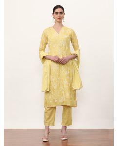 Embroidered Pure Cotton Floral Kurta Sets With Dupatta-2584 Mustard