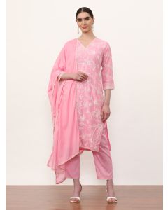 Embroidered Pure Cotton Floral Kurta Sets With Dupatta-2584 Pink