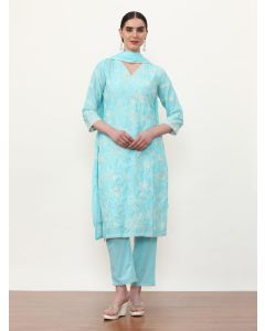 Embroidered Pure Cotton Floral Kurta Sets With Dupatta-2584 Sky Blue