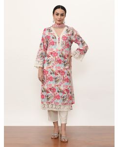 Embroidered Pure Cotton Floral Kurta Sets With Dupatta-2594 Off White