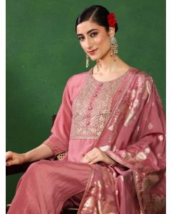 Solid Embroidered Straight Kurta & Trousers Sets-2605 Peach