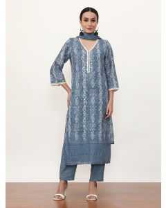Embroidered Pure Cotton Paisley Kurta Sets With Dupatta-2624 Blue