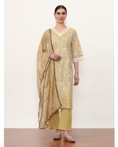 Embroidered Pure Cotton Floral Kurta Sets With Dupatta-2626 Mustard