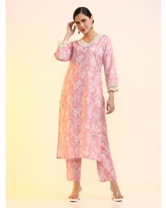 Printed Linen Floral Kurta Sets-2638 Pink