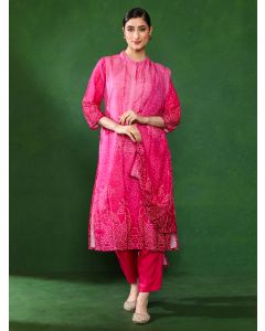 Bandhani Embroidered A-Line Kurta & Trousers Sets-2640 Pink