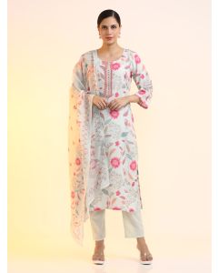 Embroidered Linen Floral Kurta Sets With Dupatta-2648 Off White