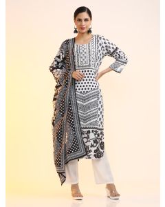 Embroidered Linen Floral Kurta Sets With Dupatta-2678 White