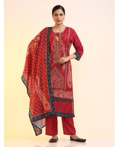 Printed Linen Floral Kurta Sets With Dupatta-2679 Maroon
