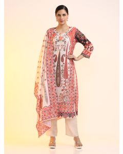 Printed Linen Floral Kurta Sets With Dupatta-2680 Peach