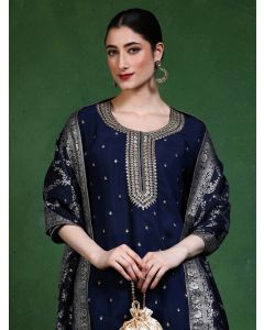 Floral Embroidered Straight Kurta & Trousers Sets-2696 Navy Blue