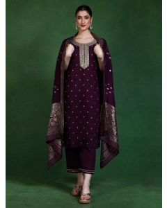 Floral Embroidered Straight Kurta & Trousers Sets-2696 Wine