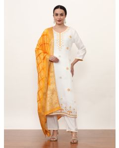 Embroidered Pure Silk Solid Kurta Sets With Dupatta-2729 Mustard