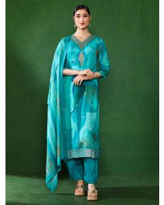 Floral Embroidered A-Line Pure Cotton Kurta & Trousers Sets-2758 Rama