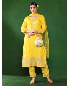 Floral Embroidered A-Line Kurta & Trousers Sets-2829 Yellow
