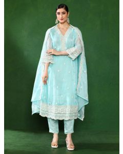 Floral Embroidered A-Line Kurta & Trousers Sets-2861 Blue