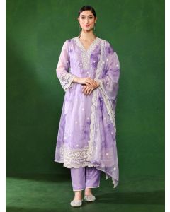 Floral Embroidered A-Line Kurta & Trousers Sets-2861 Lavender