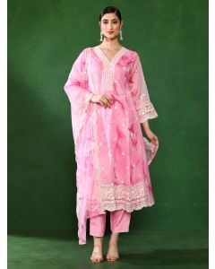 Floral Embroidered A-Line Kurta & Trousers Sets-2861 Pink