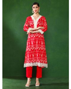 Floral Embroidered Straight Kurta & Trousers Sets-2875 Red