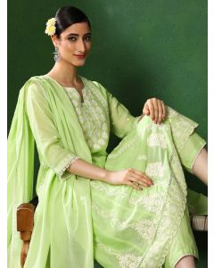 Floral Embroidered A-Line Pure Cotton Kurta & Trousers Sets-2877 Green
