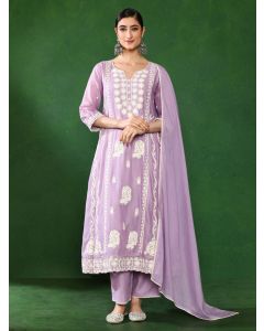 Floral Embroidered A-Line Pure Cotton Kurta & Trousers Sets-2877 Lavender