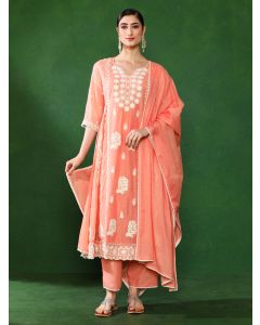 Floral Embroidered A-Line Pure Cotton Kurta & Trousers Sets-2877 Orange