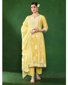 Floral Embroidered A-Line Pure Cotton Kurta & Trousers Sets-2877 Yellow