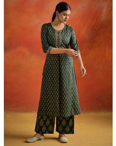 Dark Ethnic Motif Printed Straight Kurta With Palazzo-1C24KPLZR003-DARK GREEN
