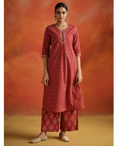 Ethnic Motif Printed Straight Kurta With Palazzo-1C24KPLZR003-RUST RED