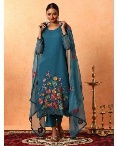 Floral Embroidered A-Line Organza Kurta & Trousers Sets-2A25KPLDR001 Blue