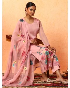 Floral Embroidered A-Line Organza Kurta & Trousers Sets-2A25KPLDR001 Pink