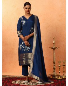 Floral Embroidered A-Line Silk Blend Kurta & Trousers Sets-2A25KPTDR001 Navy Blue