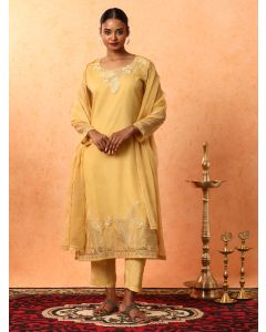 Floral Embroidered A-Line Organza Kurta & Trousers Sets-2A25KPTDR003 Yellow