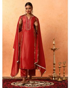 Floral Embroidered A-Line Silk Blend Kurta & Trousers Sets-2C24KPLDR002 Orange