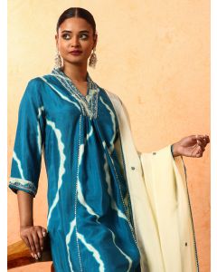 Floral Embroidered A-Line Silk Blend Kurta & Trousers Sets-2C24KPTDR0010 Teal
