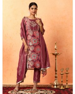 Floral Embroidered A-Line Silk Blend Kurta & Trousers Sets-2C24KPTDR009 Wine