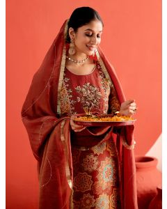 Thread Embroidered Cotton Kurta Set With Dupatta-2C24KPTDR009 Rust