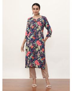 Embroidered Straight Floral Kurta-3136 Navy Blue