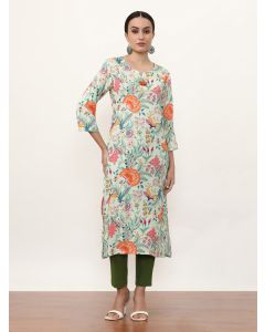 Embroidered Straight Floral Kurta-3136 Turquoise