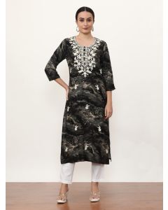 Embroidered Straight Floral Kurta-3207 Black