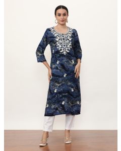 Embroidered Straight Floral Kurta-3207 Navy Blue