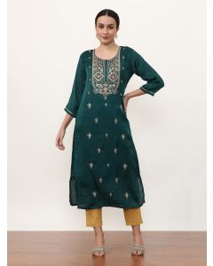 Embroidered Pure Silk Floral Kurta-3220 Rama