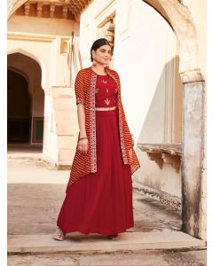 Red Gota Patti Embroidered Crop Top And Skirt With Bandhej Kota Silk Embroidered Shrug