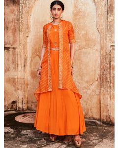 Women Orange Gota Patti Embroidered Crop Top And Skirt With Bandhej Kota Silk Embroidered Shrug