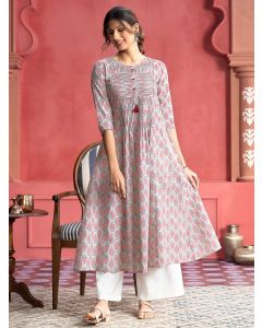 Green Ethnic Floral Printed Pin Tuck A-Line Kurta