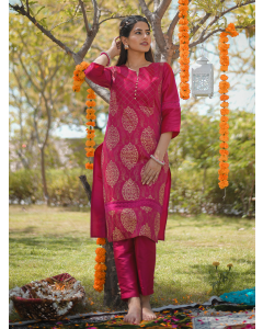 Pink Printed Straight Thread & Lace Work Kurta With Pants