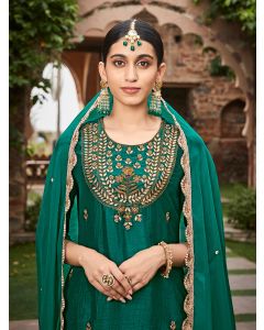 Green Straigth Zardozi Work Kurta With Sharara And Organza Dupatta