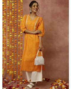 Zardozi Embroidered Orange Mothra Printed Straight Kurta