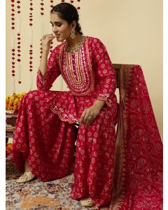 Pink Bandhani Mirror Work Kurta With Sharara And Dupatta